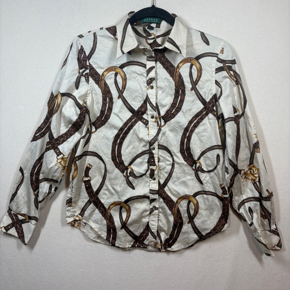 Lauren Ralph Lauren Equestrian Belt Stirrup Print Cotton Button Down Shirt M